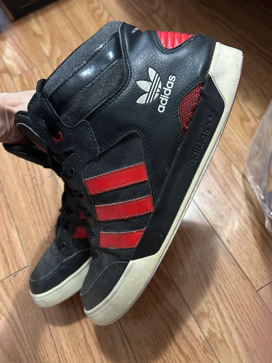 Size 11 Men Adidas High Top Sneakers Black Red - photo 2
