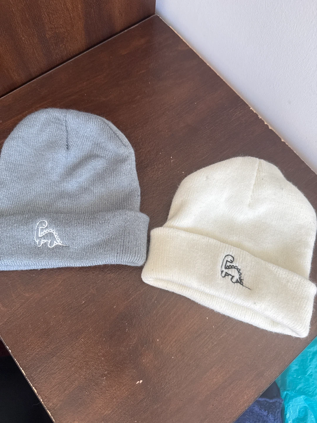 Two Knitted Beanies - Grey and Cream Dinosaur Design