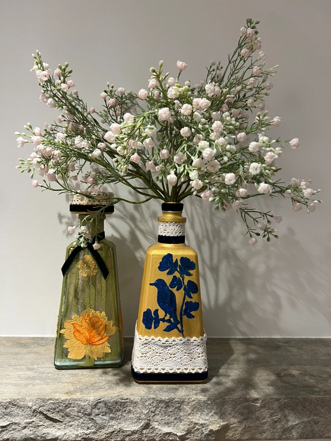 Set of 2 Decorative Glass Bottles with Flowers