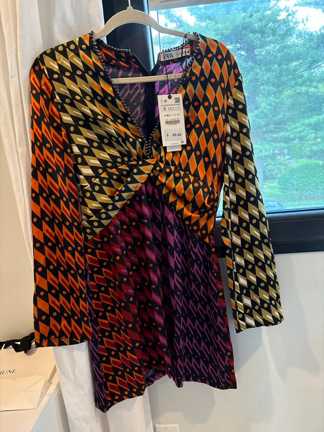 ZARA Women's Size S Multi-Color Beaded V-Neck Long Sleeve Dress
