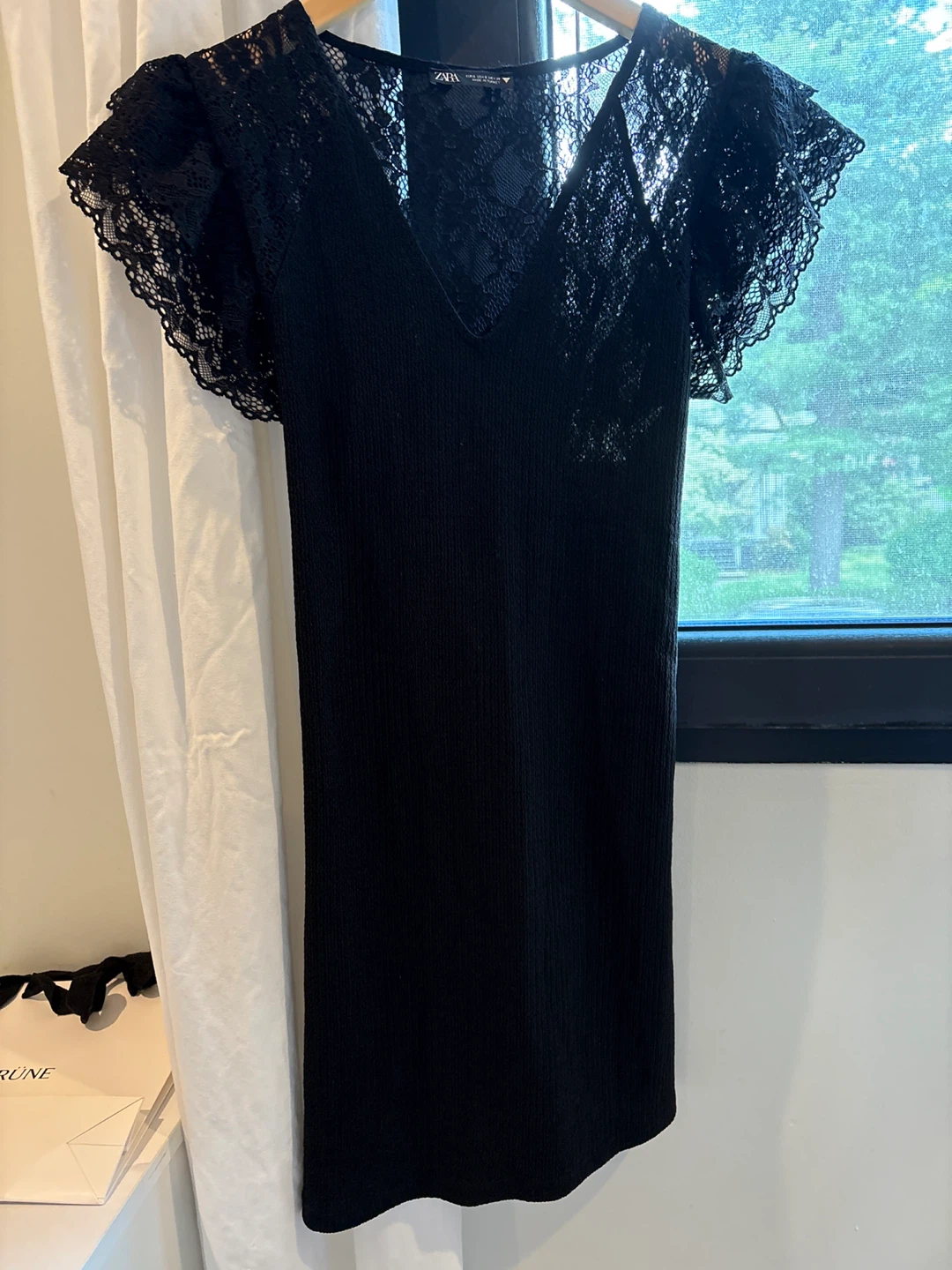 Zara Black Lace Trim Ribbed Mini Dress Size S