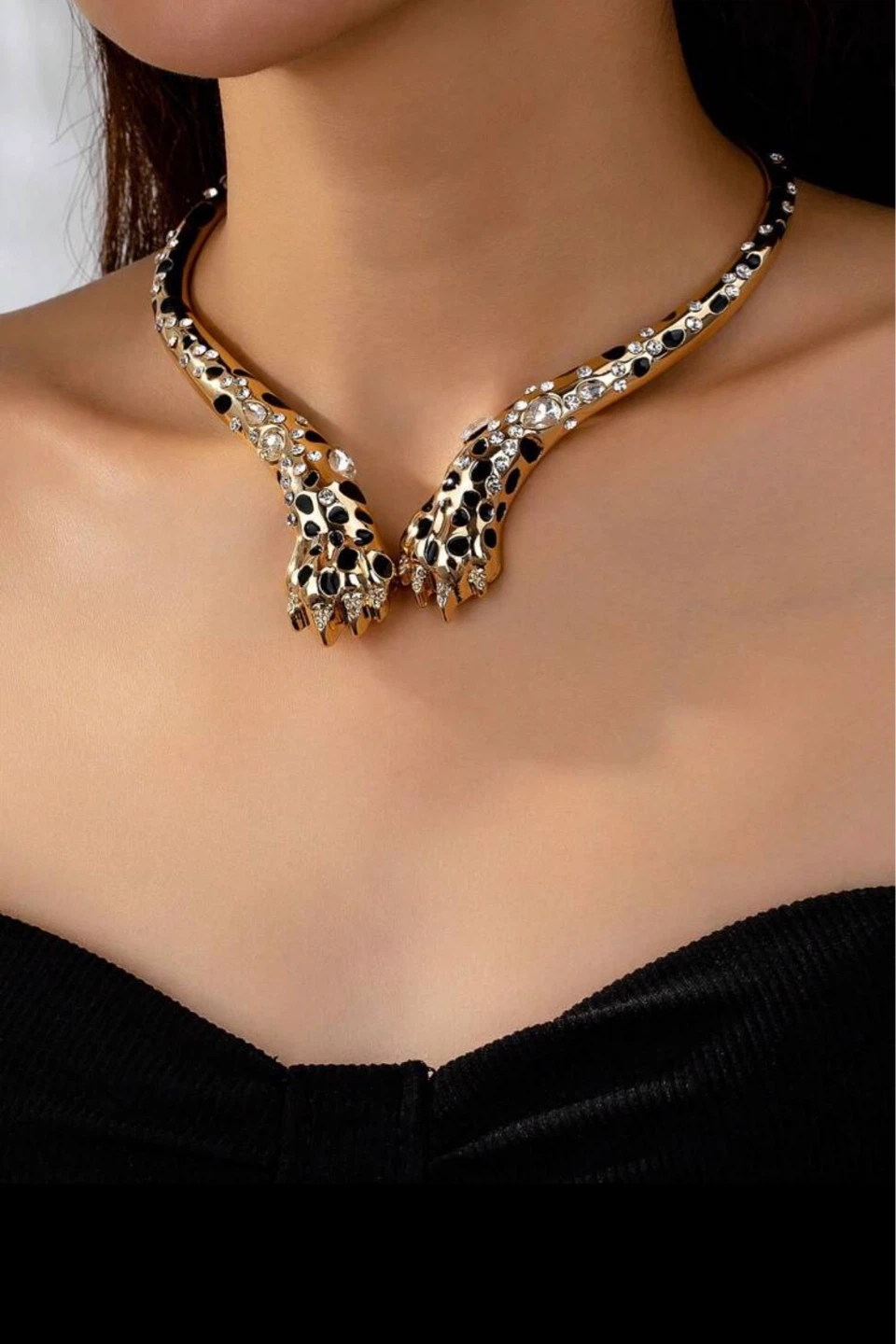 Leopard Print Necklace with Amber Rhinestones, Gold Tone - photo 5