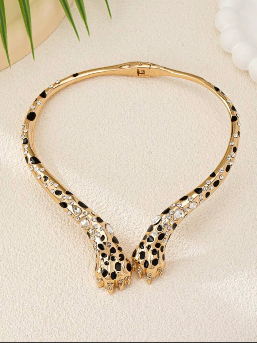 Leopard Print Necklace with Amber Rhinestones, Gold Tone