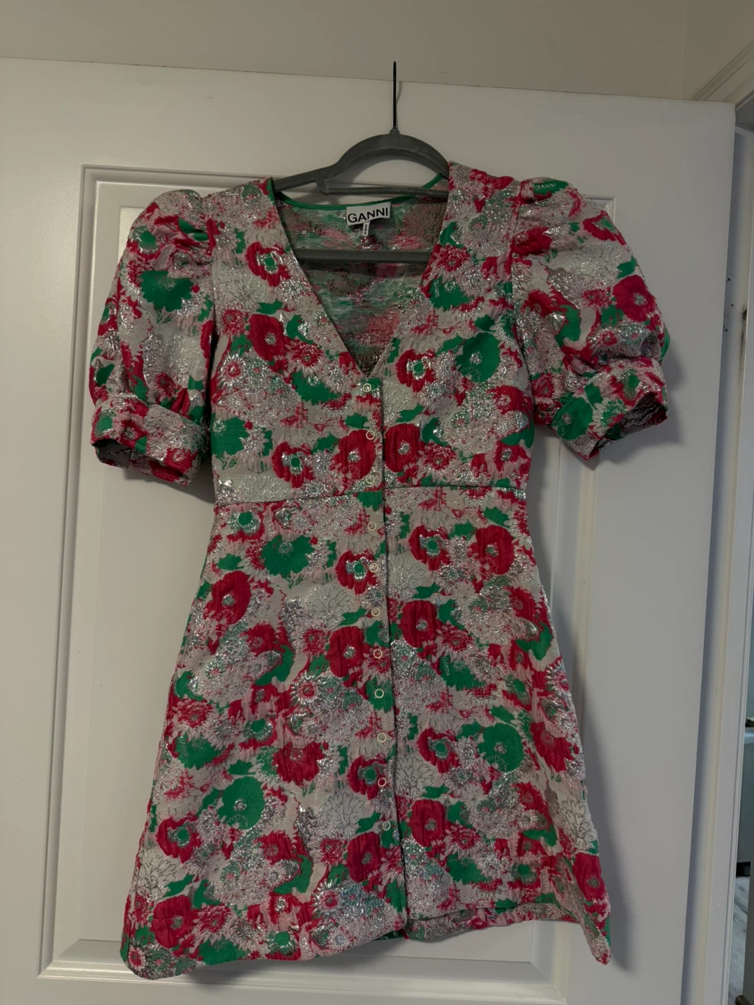 GANNI Floral Puff Sleeve Mini Dress
