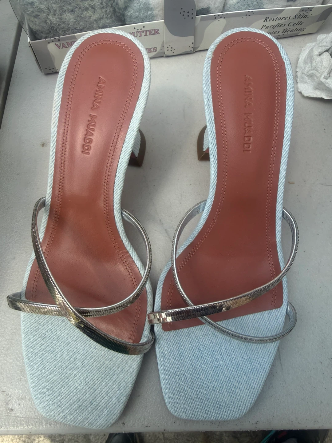 Amina Muaddi Gilda Denim Sandals Size 6