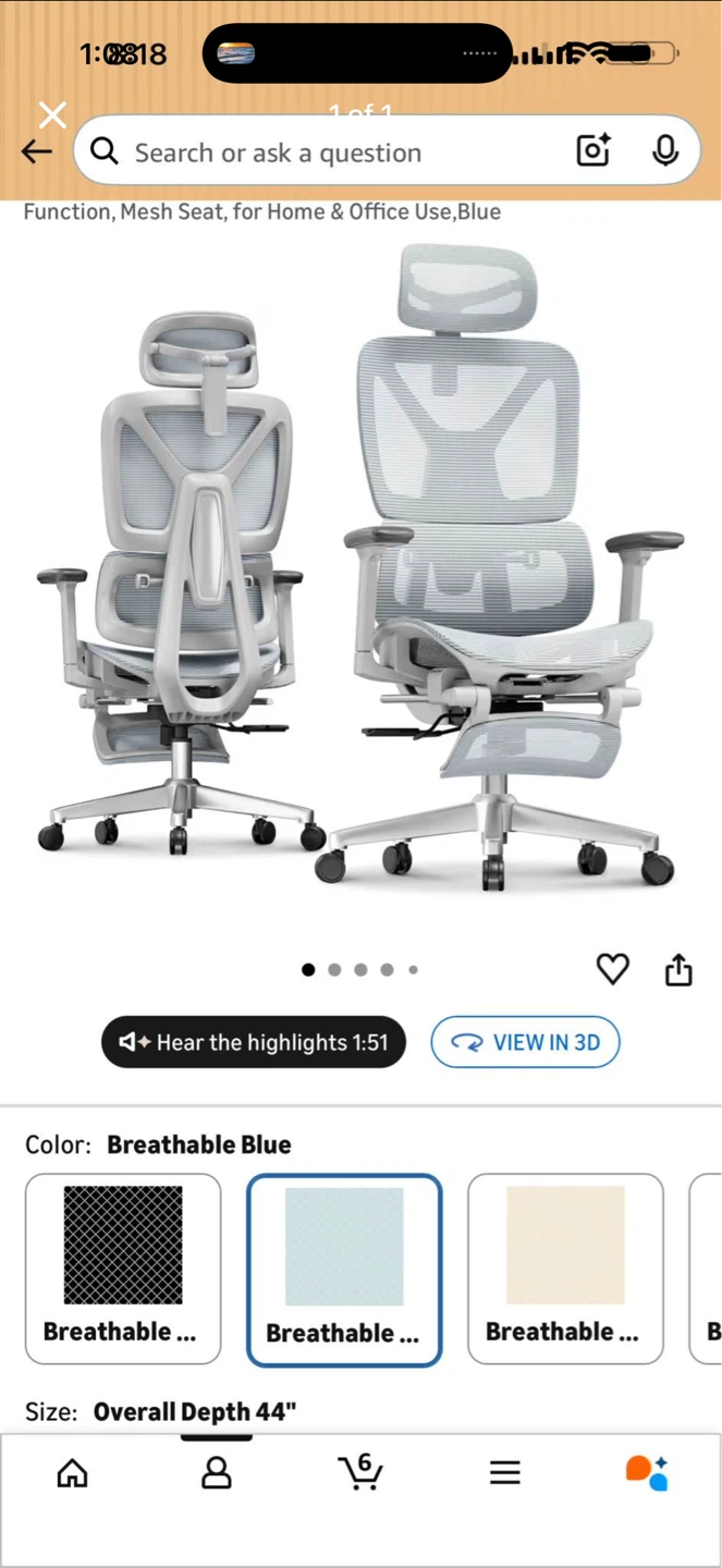 Flexispot Mesh Office Chair - Breathable Blue, Overall Depth 44"