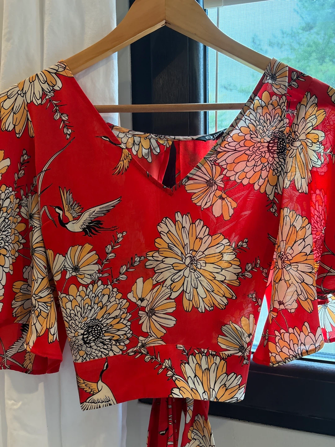 Express Red Floral Print Tie-Front Blouse Size S