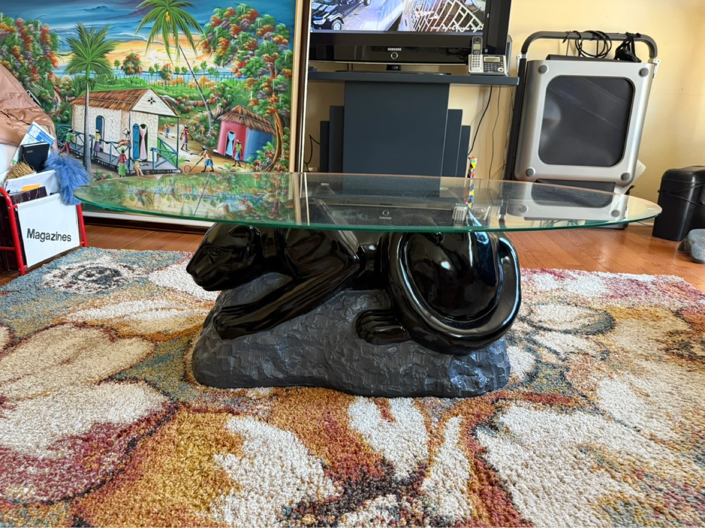 Glass Top Coffee Table with Black Panther Base