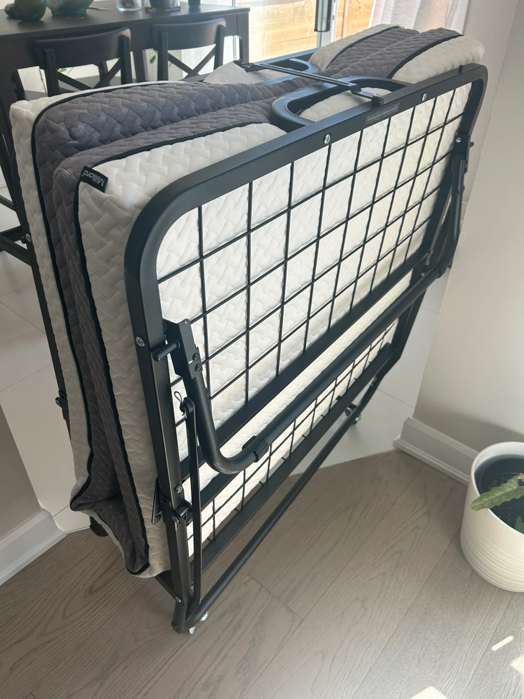 Black Metal Folding Bed Frame with Wheels and Mattress