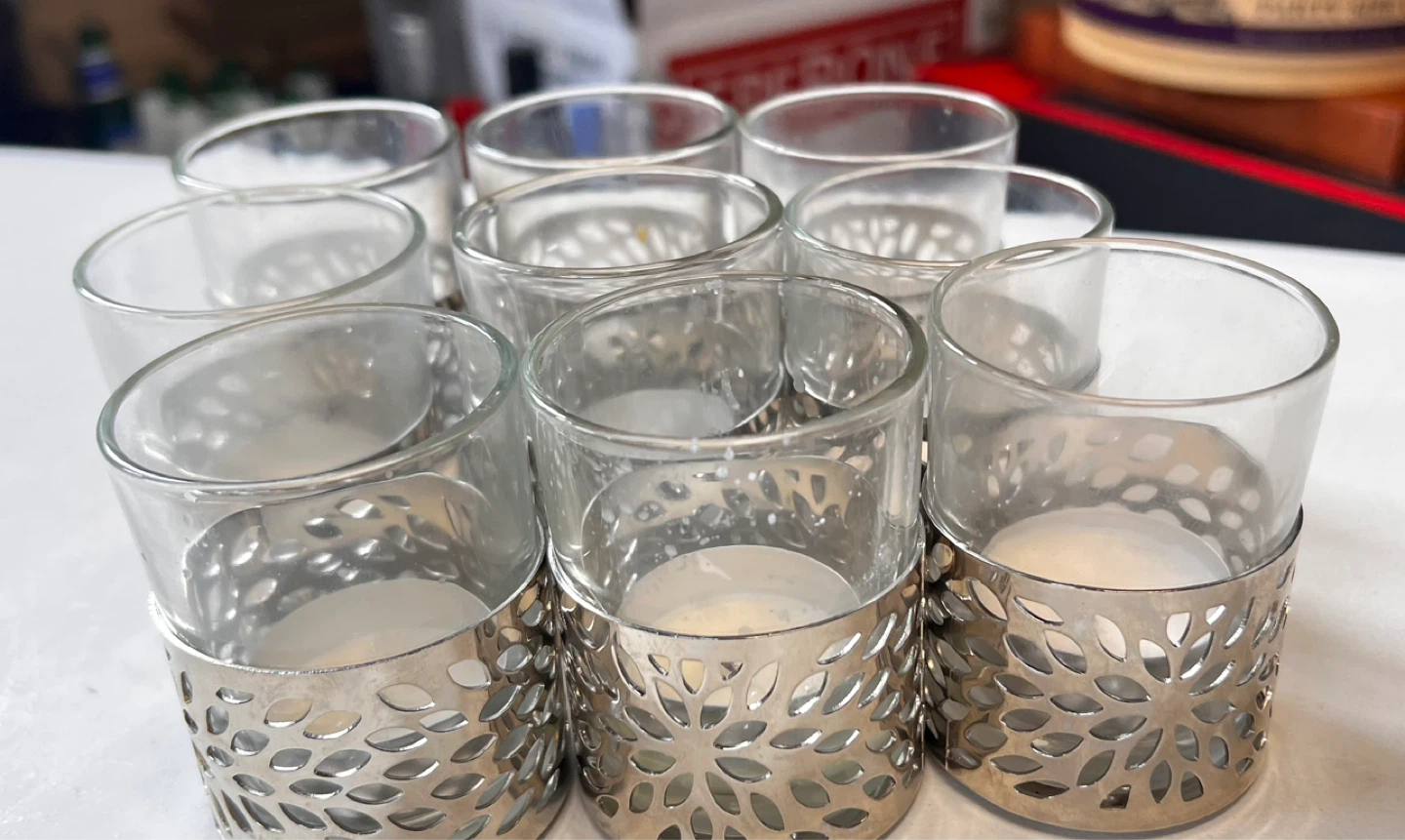 Set of 9 Glass Votive Candle Holders with Silver Metal Accents - photo 2