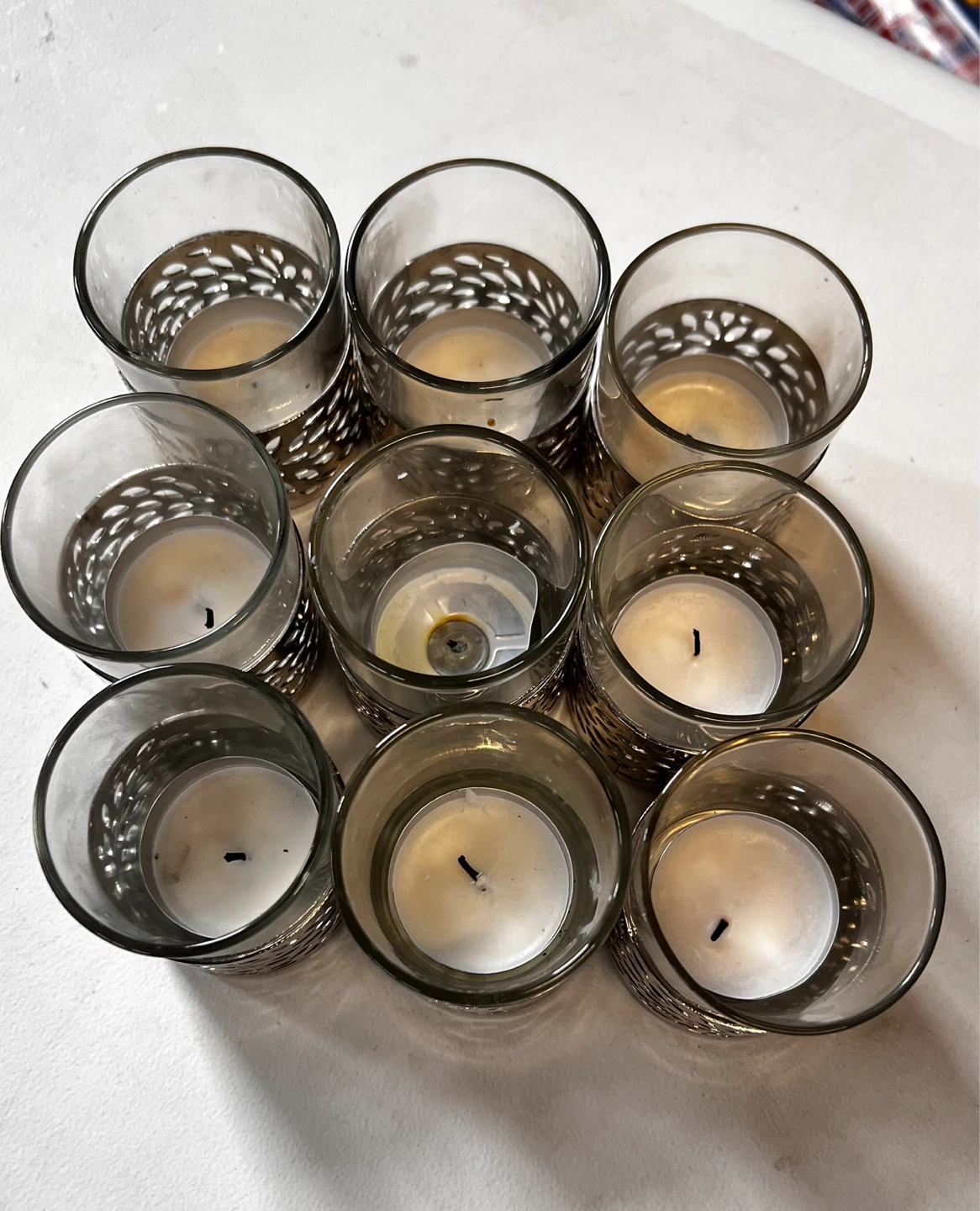 Set of 9 Glass Votive Candle Holders with Silver Metal Accents