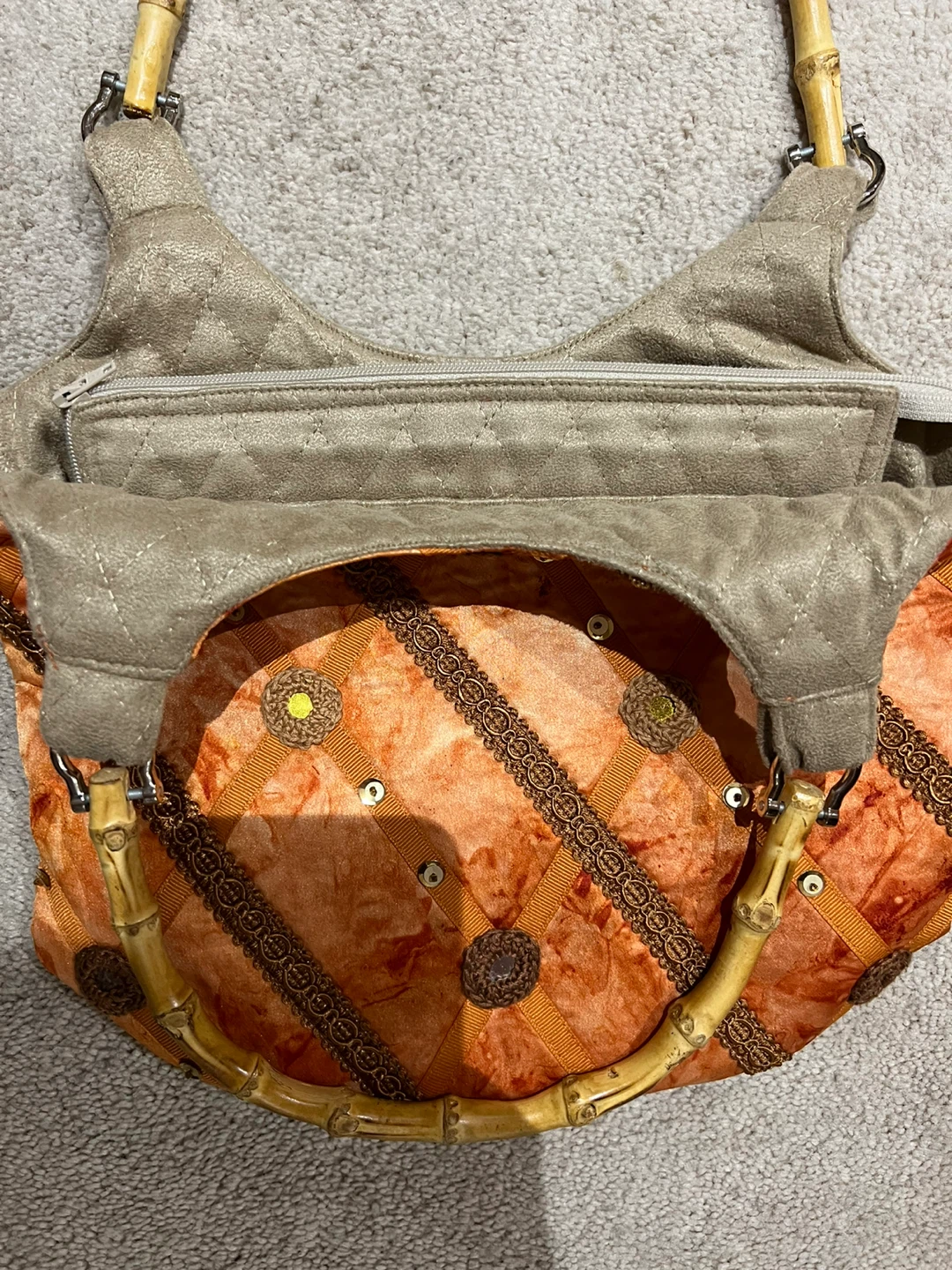 Orange & Brown Quilted Shoulder Bag with Bamboo Handles - photo 3