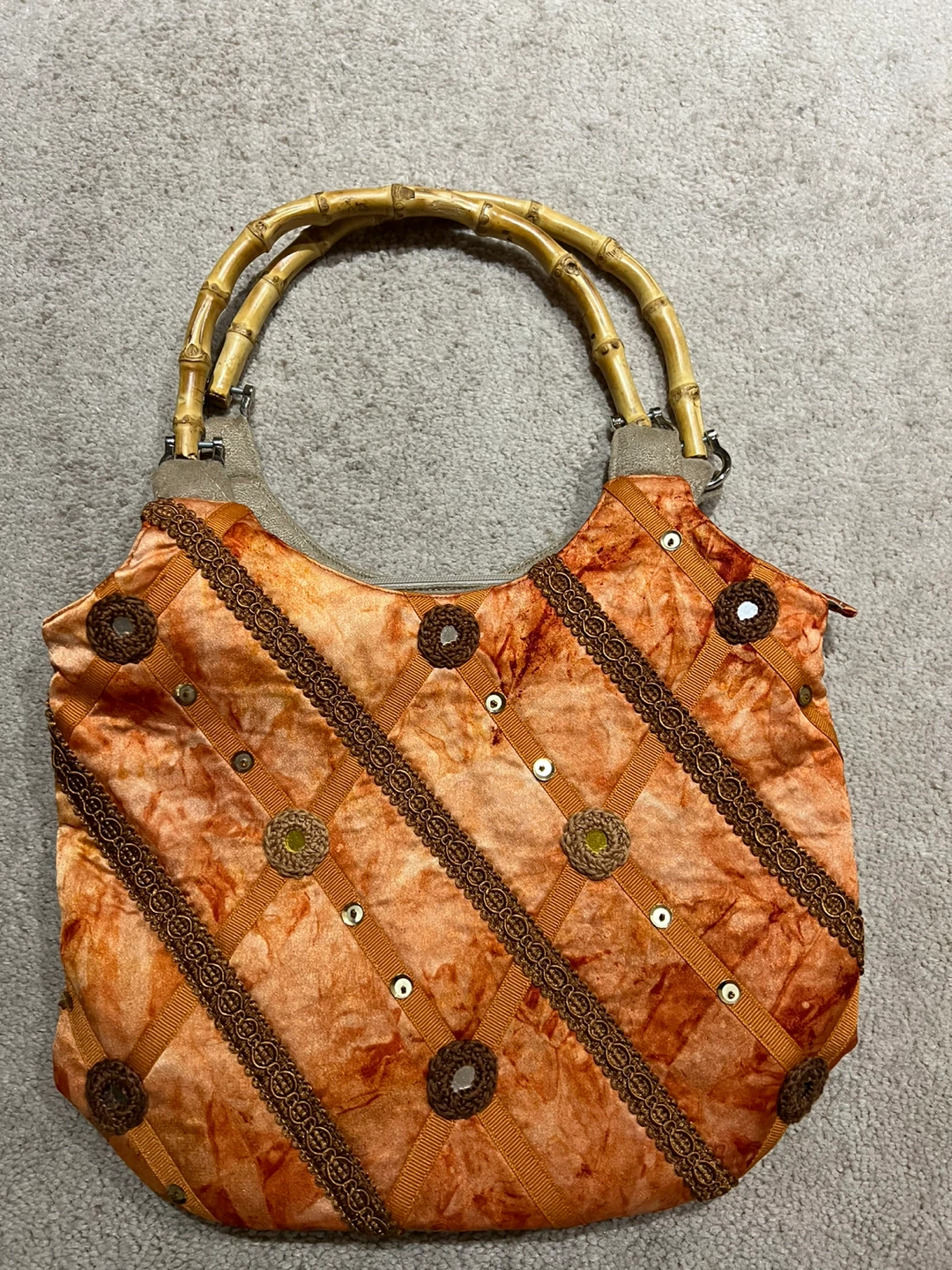 Orange & Brown Quilted Shoulder Bag with Bamboo Handles