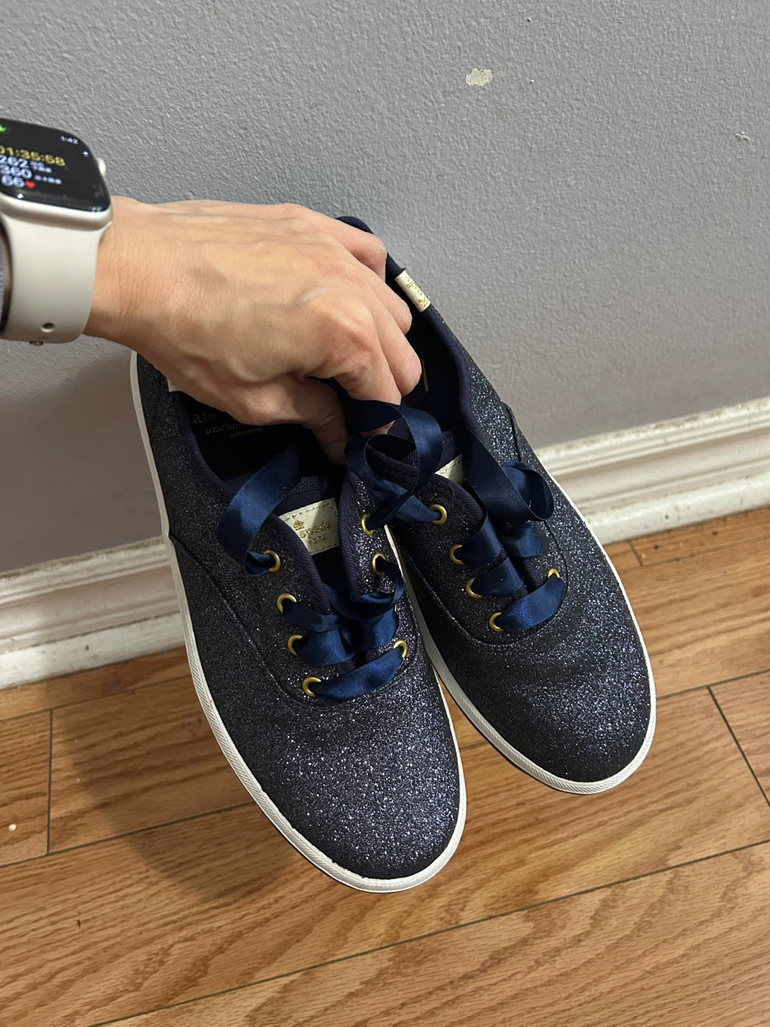 Brand New Size 5 Women Keds Navy Glitter Sneakers Ribbon Laces