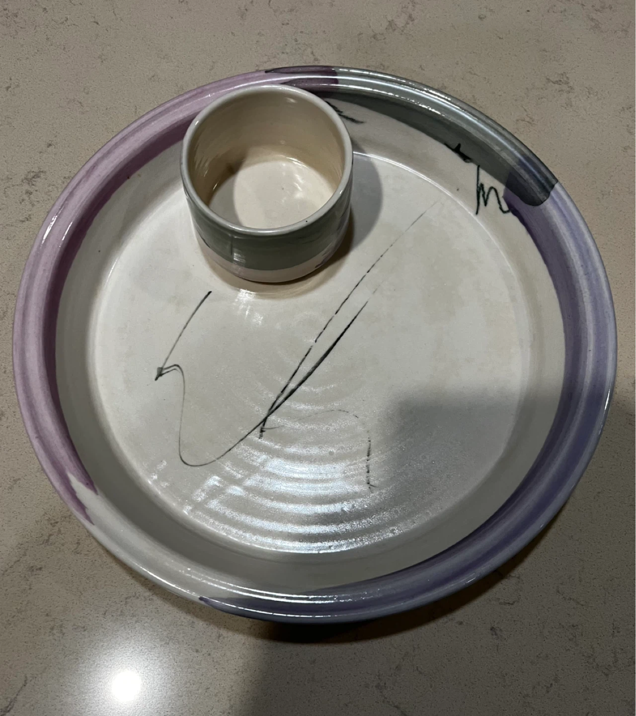 Vintage Handmade Ceramic Serving Platter with Dip Bowl