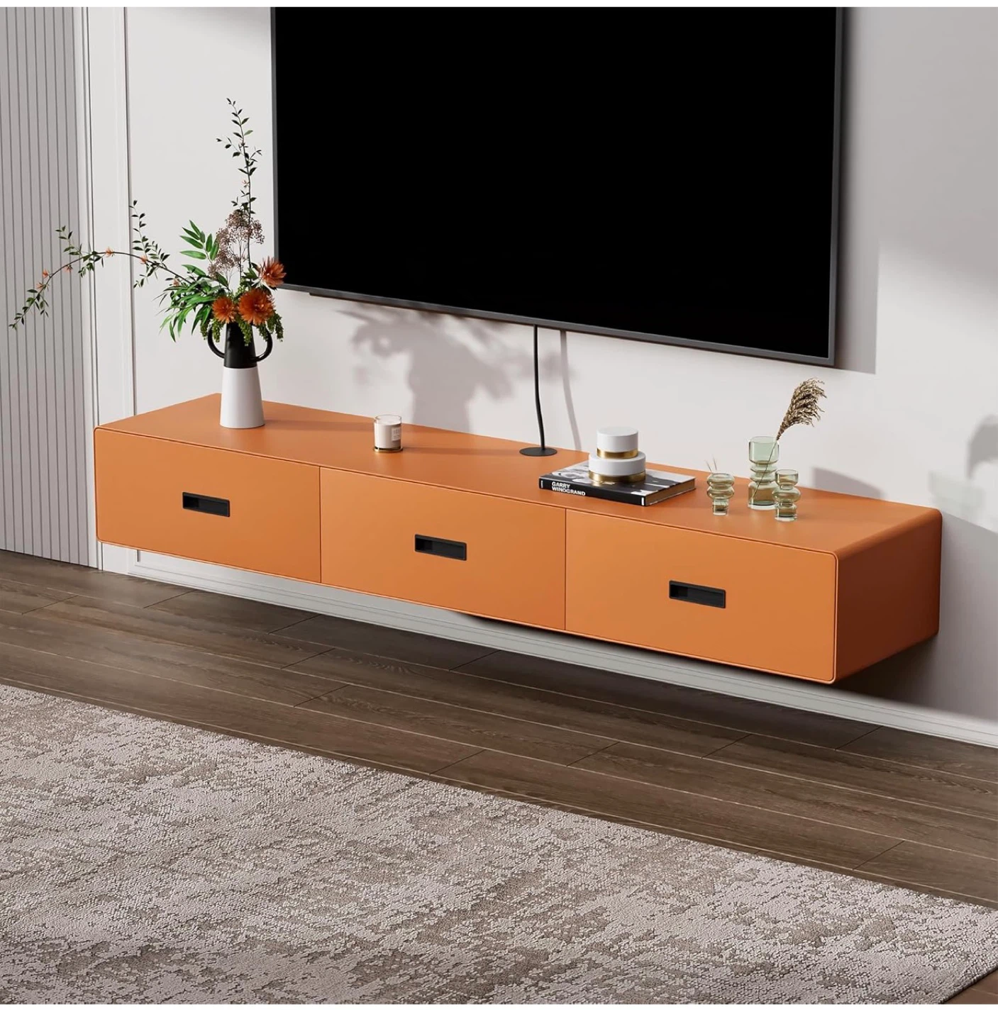 Orange Floating TV Stand with 3 Drawers