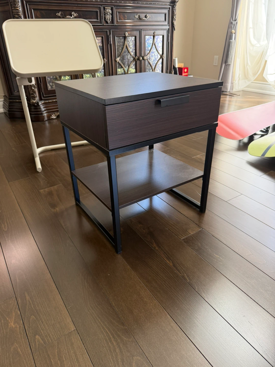 Dark Wood Side Table with Drawer and Shelf