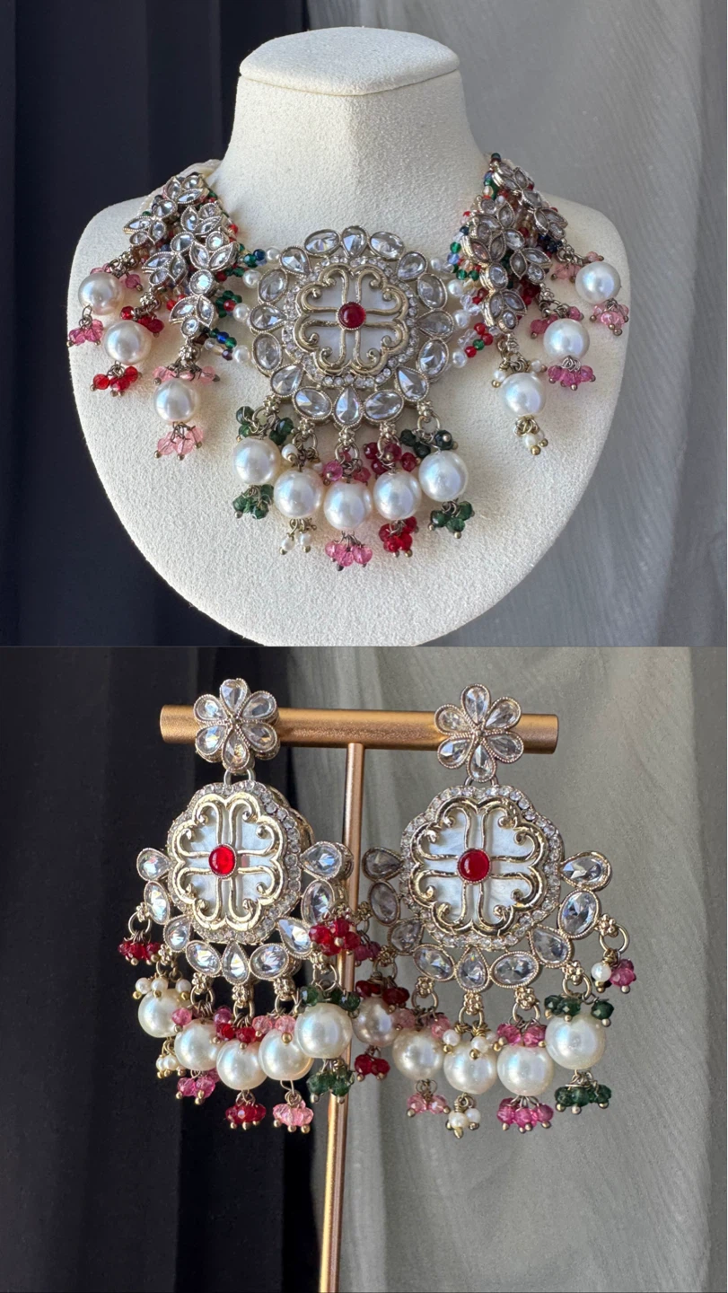 Necklace and Earring Set with Pearls and Crystals