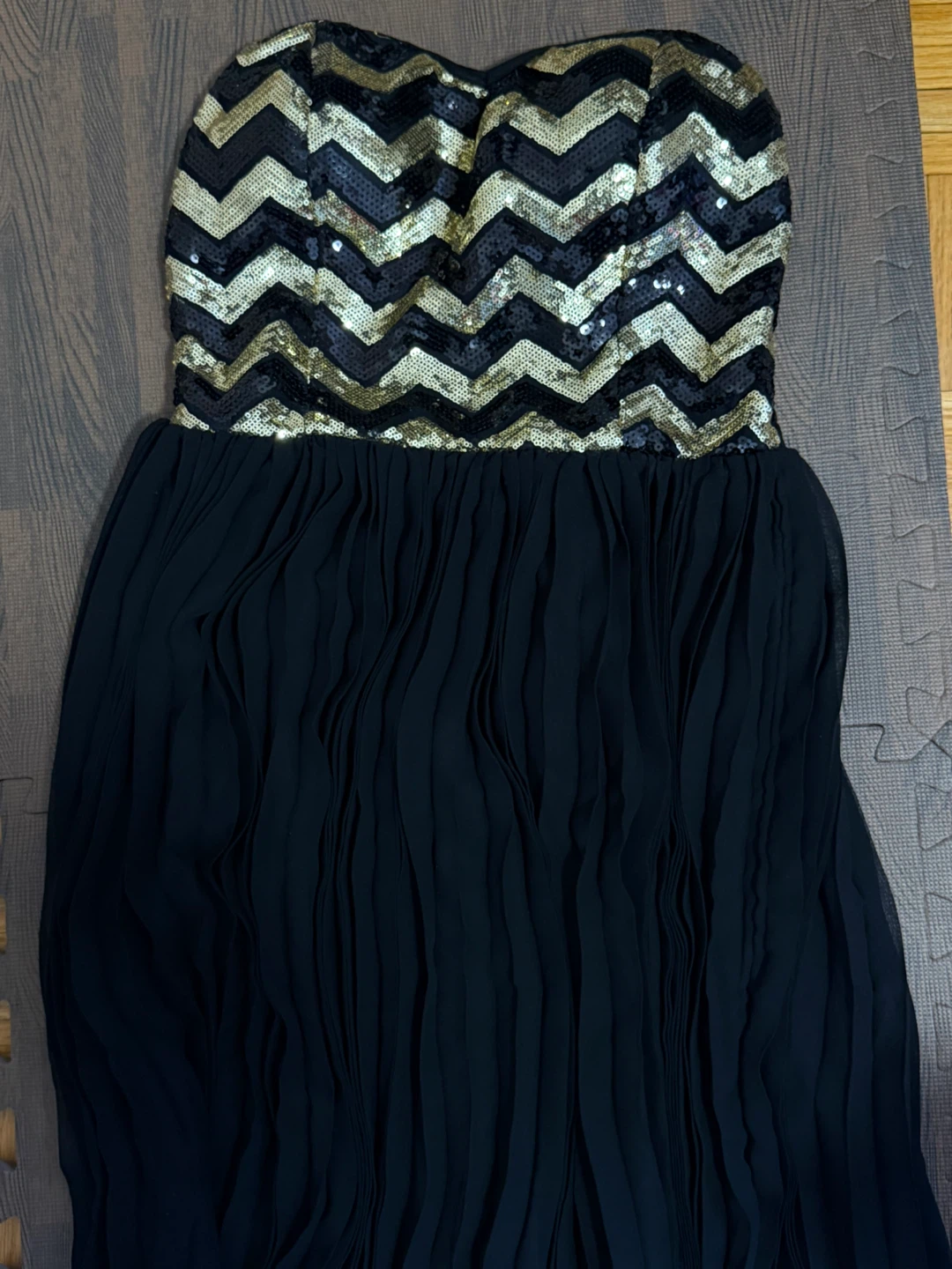 Black Strapless Sequined Chevron Dress