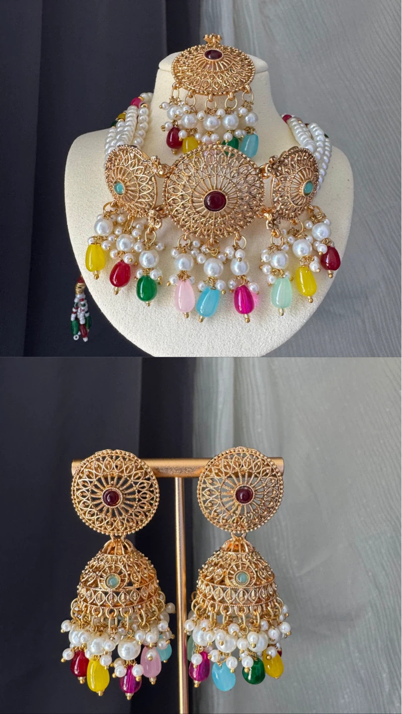 Necklace,Earring& maangtika Set with colourful accents