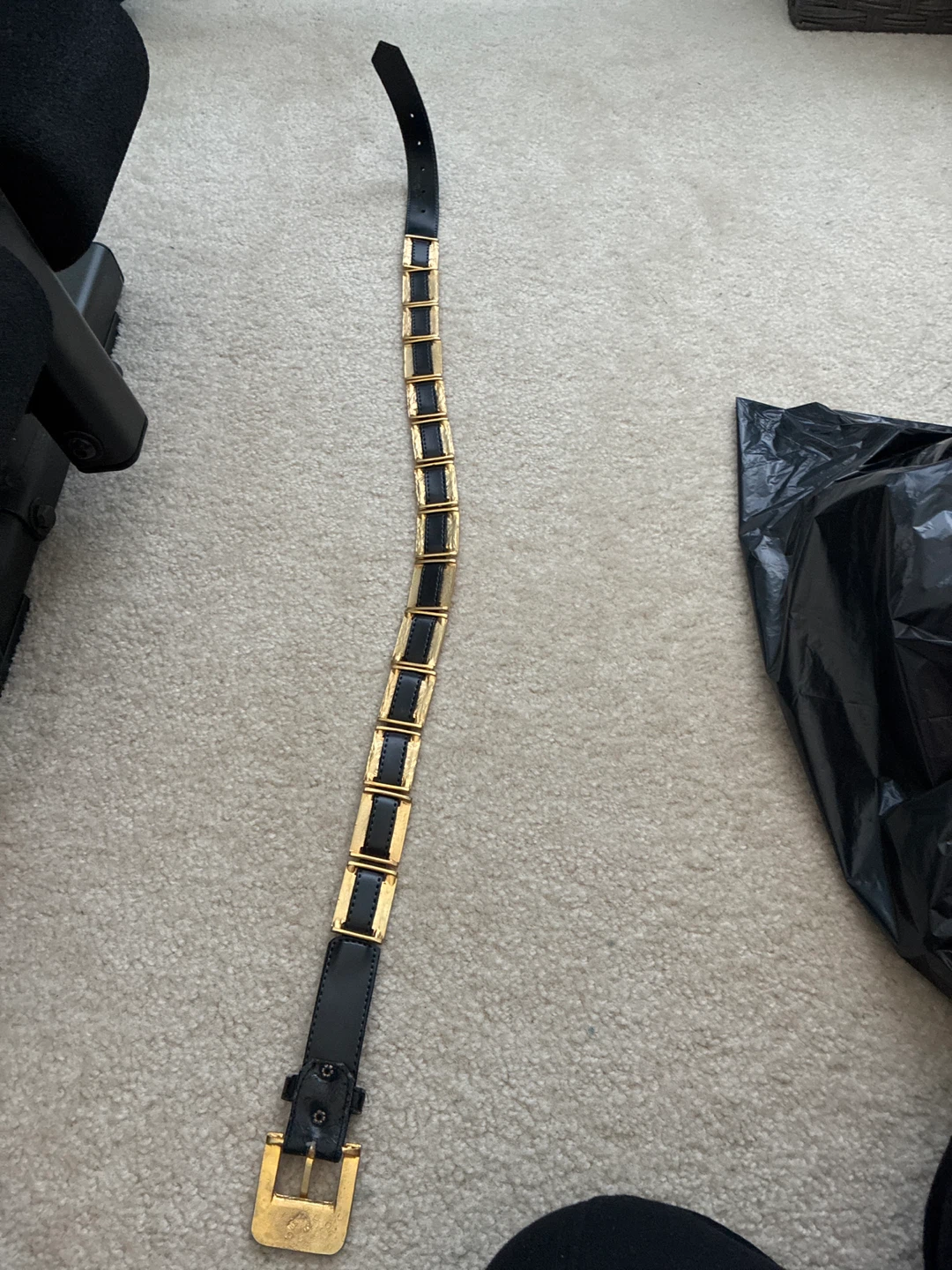 Vintage Gold Tone Black Leather Belt