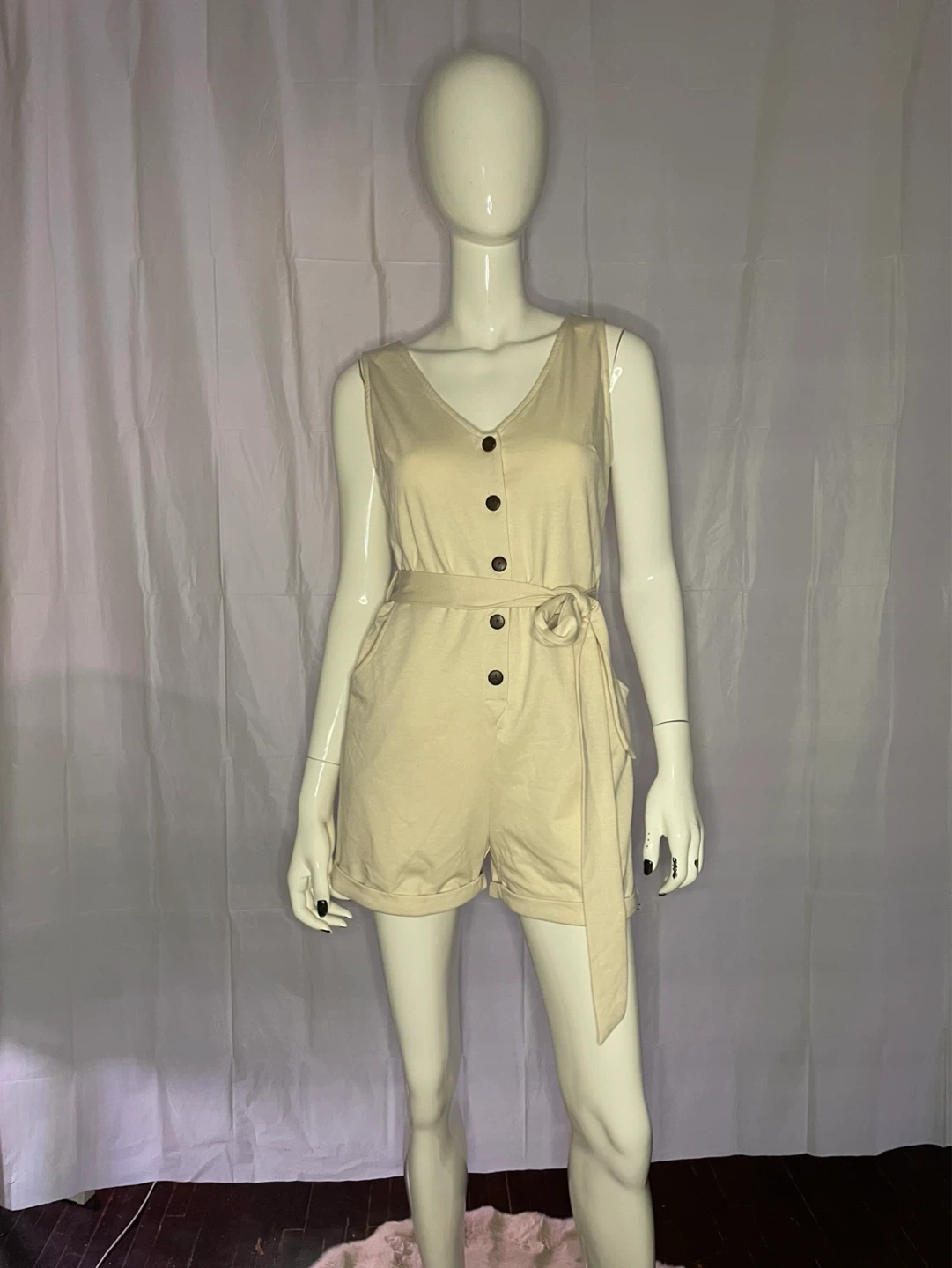 Beige Sleeveless Button-Up Romper with Belt