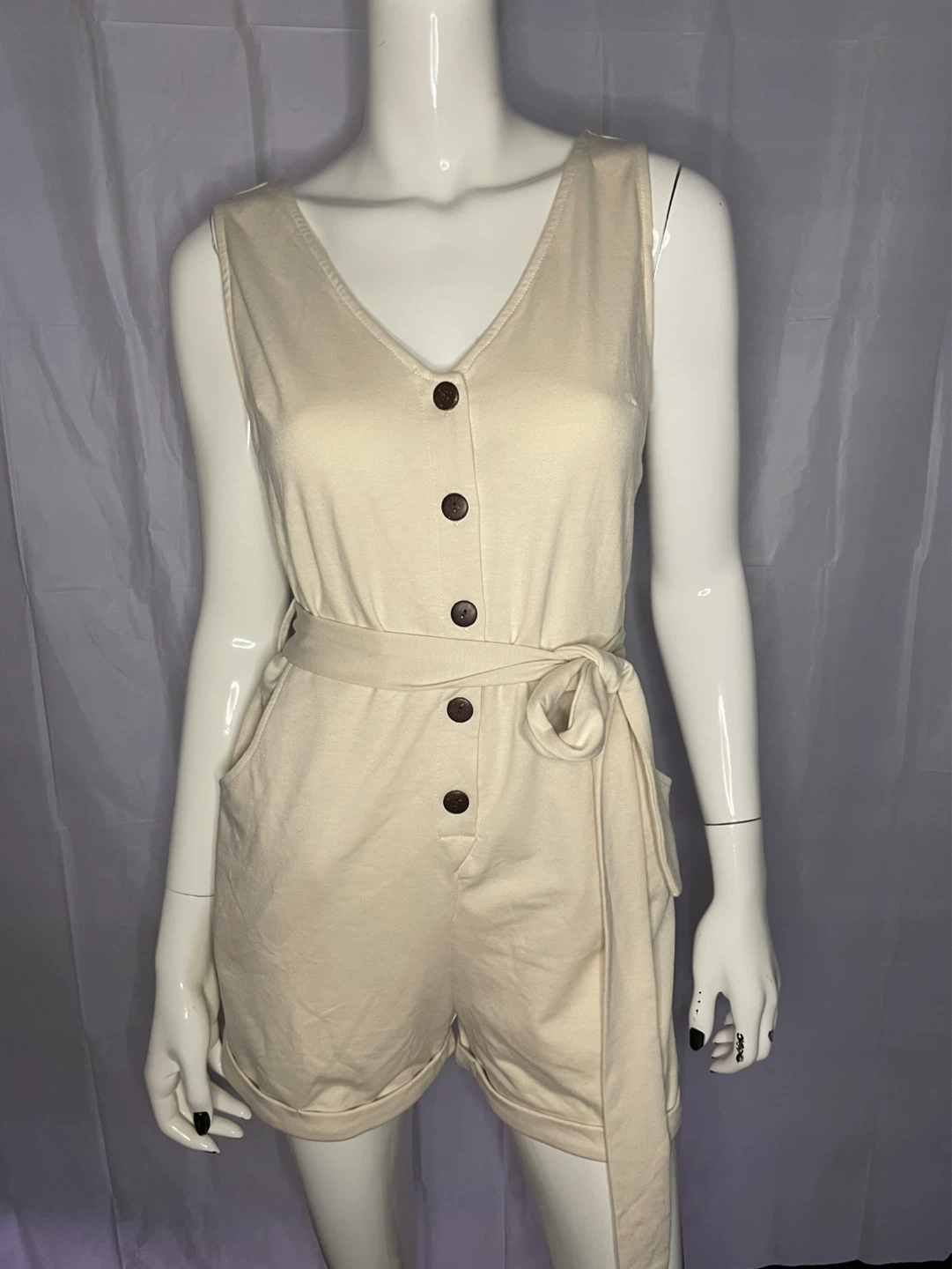 Beige Sleeveless Button-Up Romper with Belt - photo 2