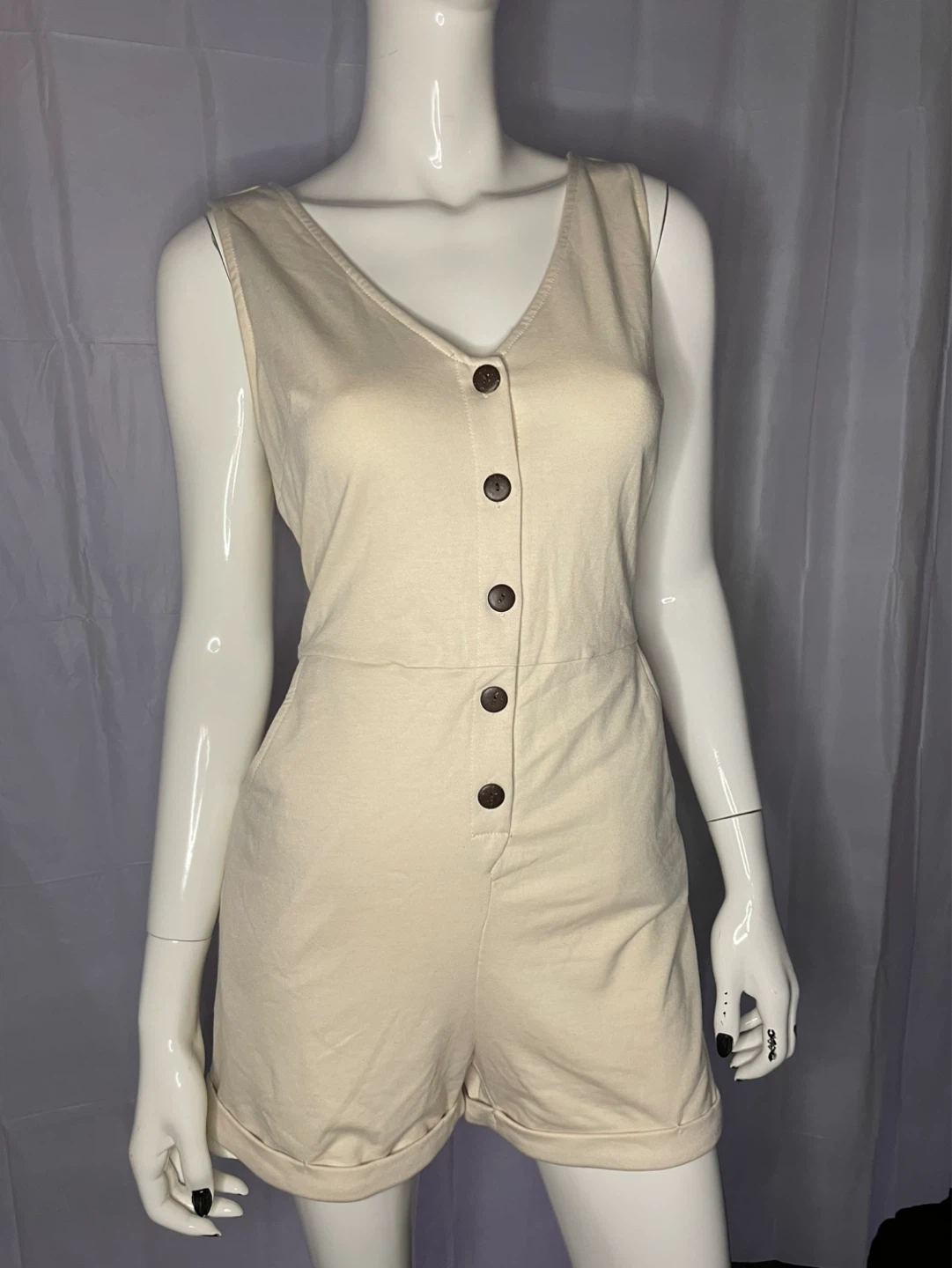 Beige Sleeveless Button-Up Romper with Belt - photo 5