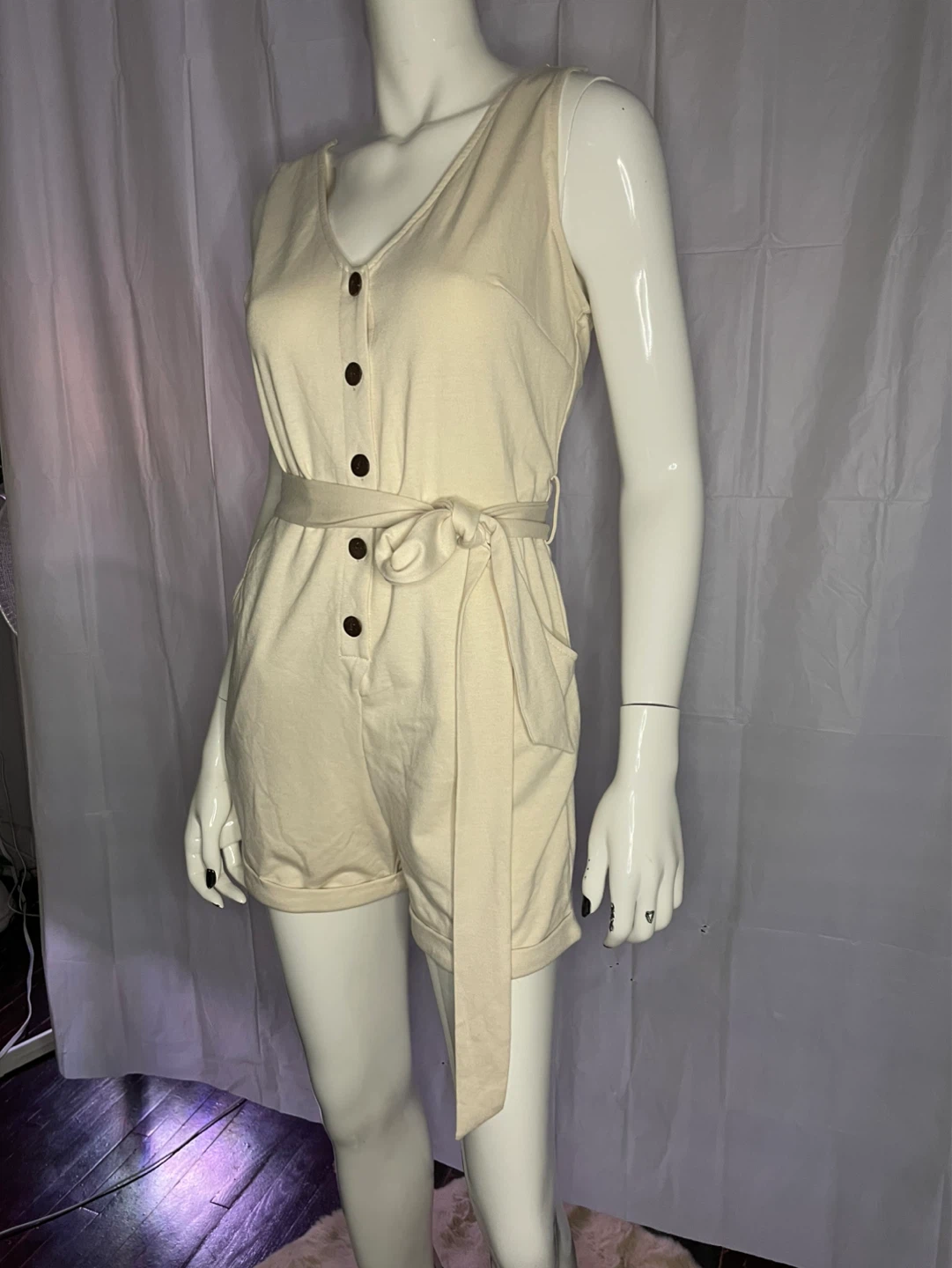 Beige Sleeveless Button-Up Romper with Belt - photo 3