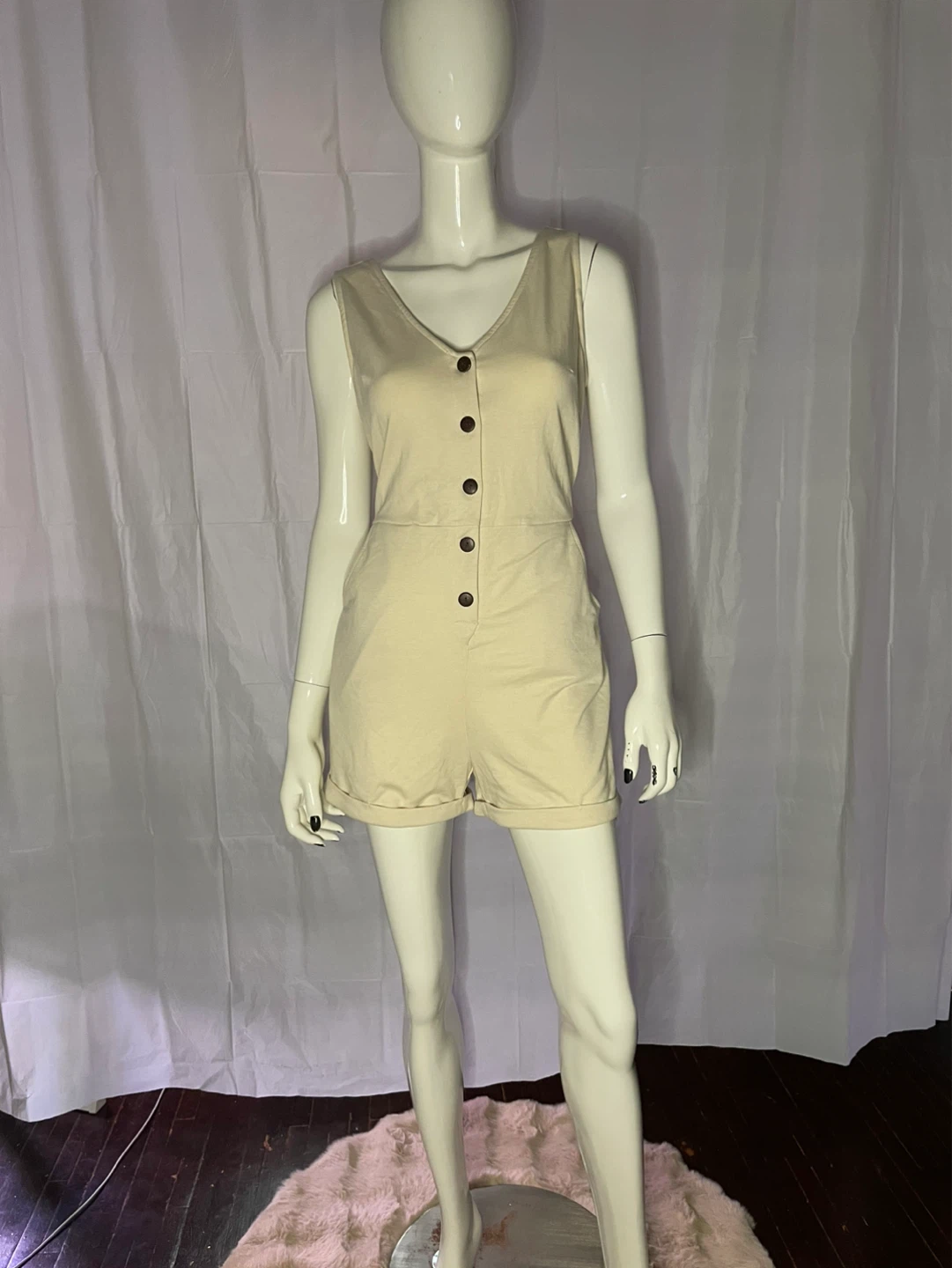 Beige Sleeveless Button-Up Romper with Belt - photo 4
