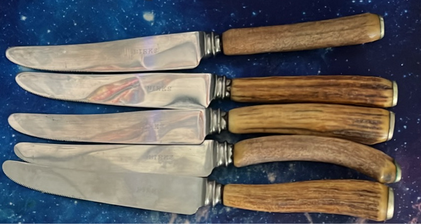 Birks Stainless Steel Steak Knives - Antler Handles - Set of 5