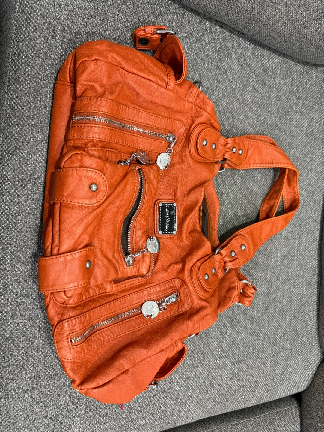 Orange Faux Leather Handbag with Adjustable Strap