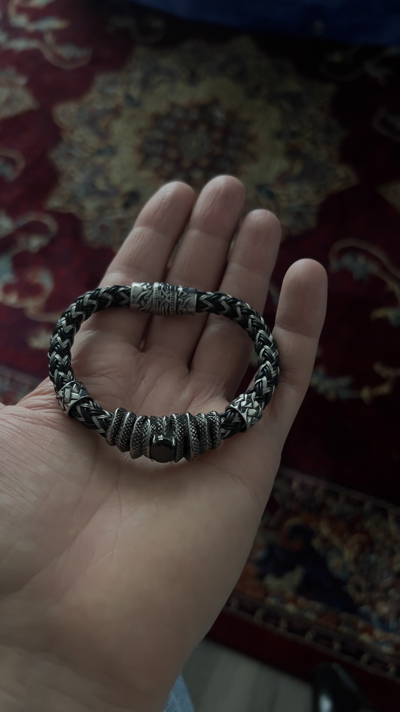 Men's Braided Leather Bracelet with Black Stone Accent - photo 3