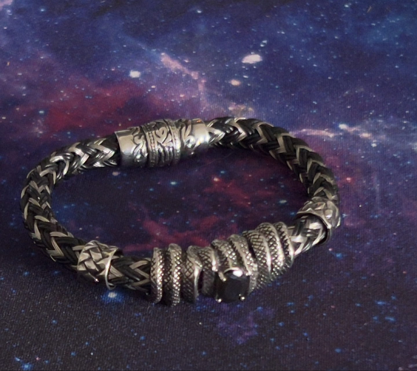 Men's Braided Leather Bracelet with Black Stone Accent