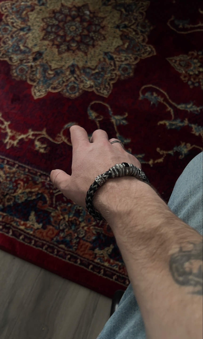 Men's Braided Leather Bracelet with Black Stone Accent - photo 2