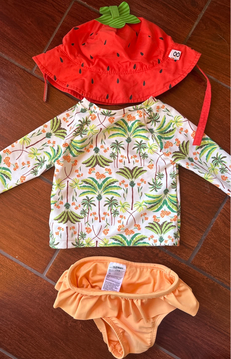 Strawberry Hat and Old Navy Palm Tree Rashguard Swimsuit Set