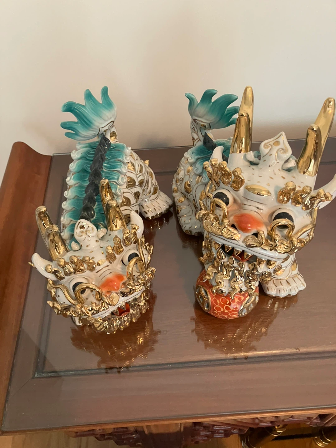 Pair of Foo Dog Statues with Gold Accents - photo 2