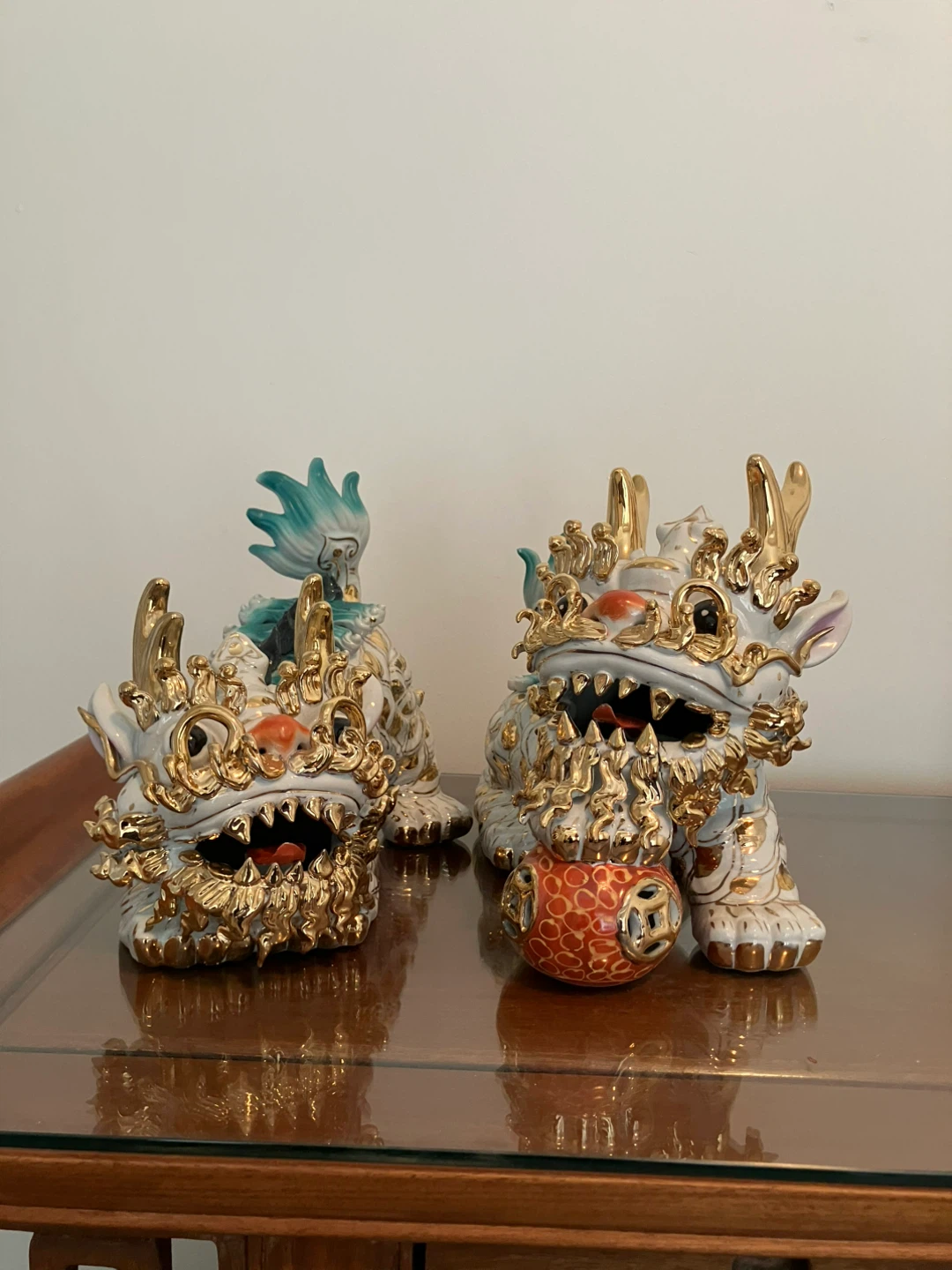 Pair of Foo Dog Statues with Gold Accents - photo 3