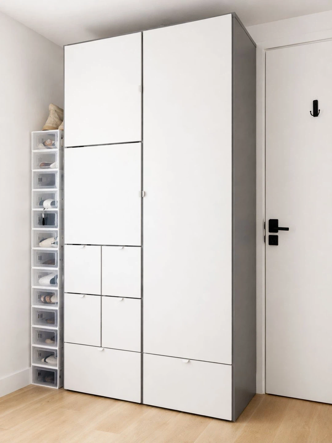 White and Gray Storage Cabinet with Drawers and Doors