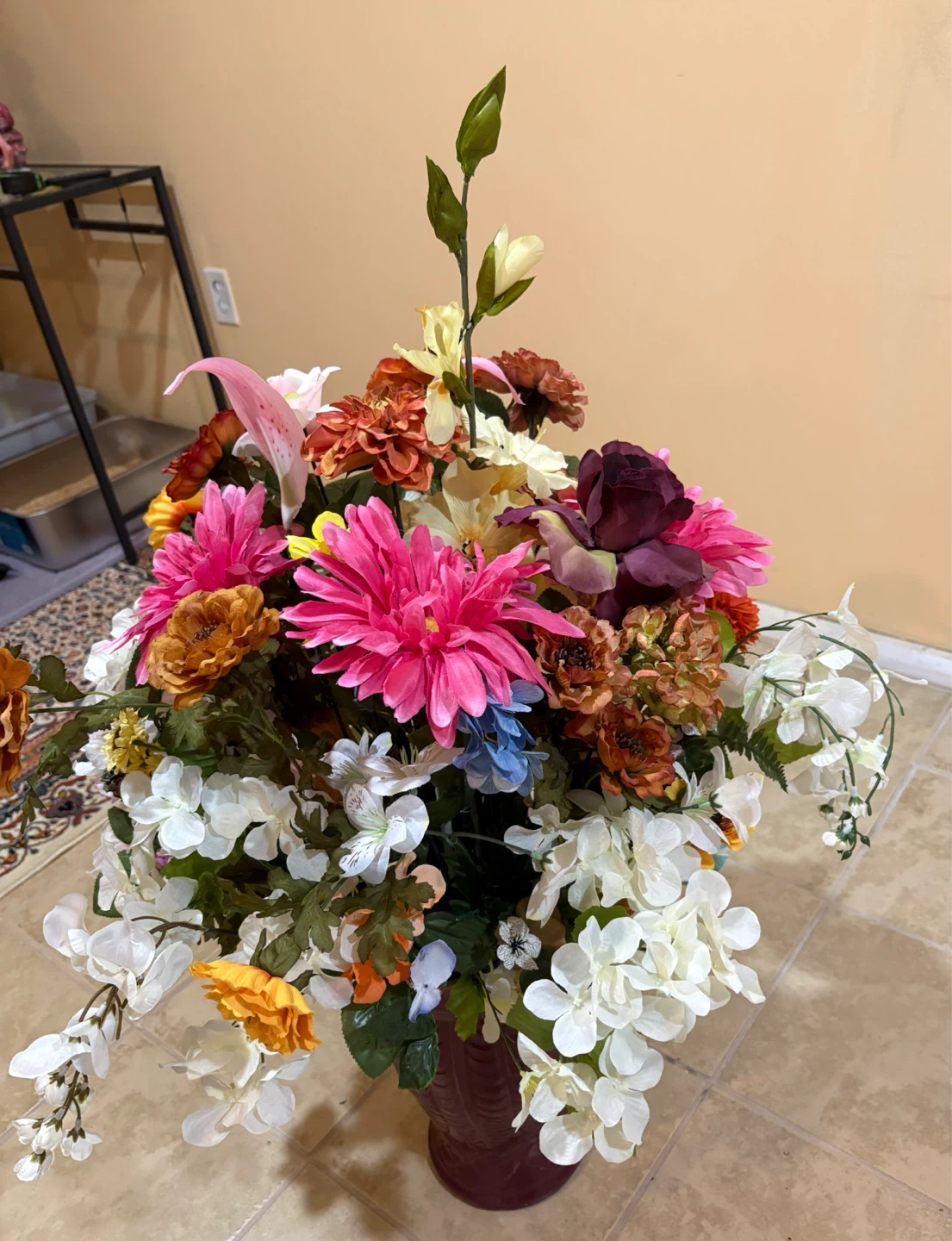 Elegant Decorative Flower Arrangement in Burgundy Vase - photo 3