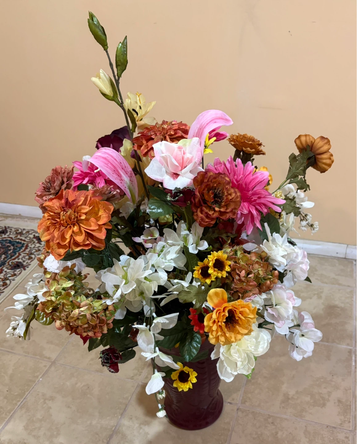 Elegant Decorative Flower Arrangement in Burgundy Vase