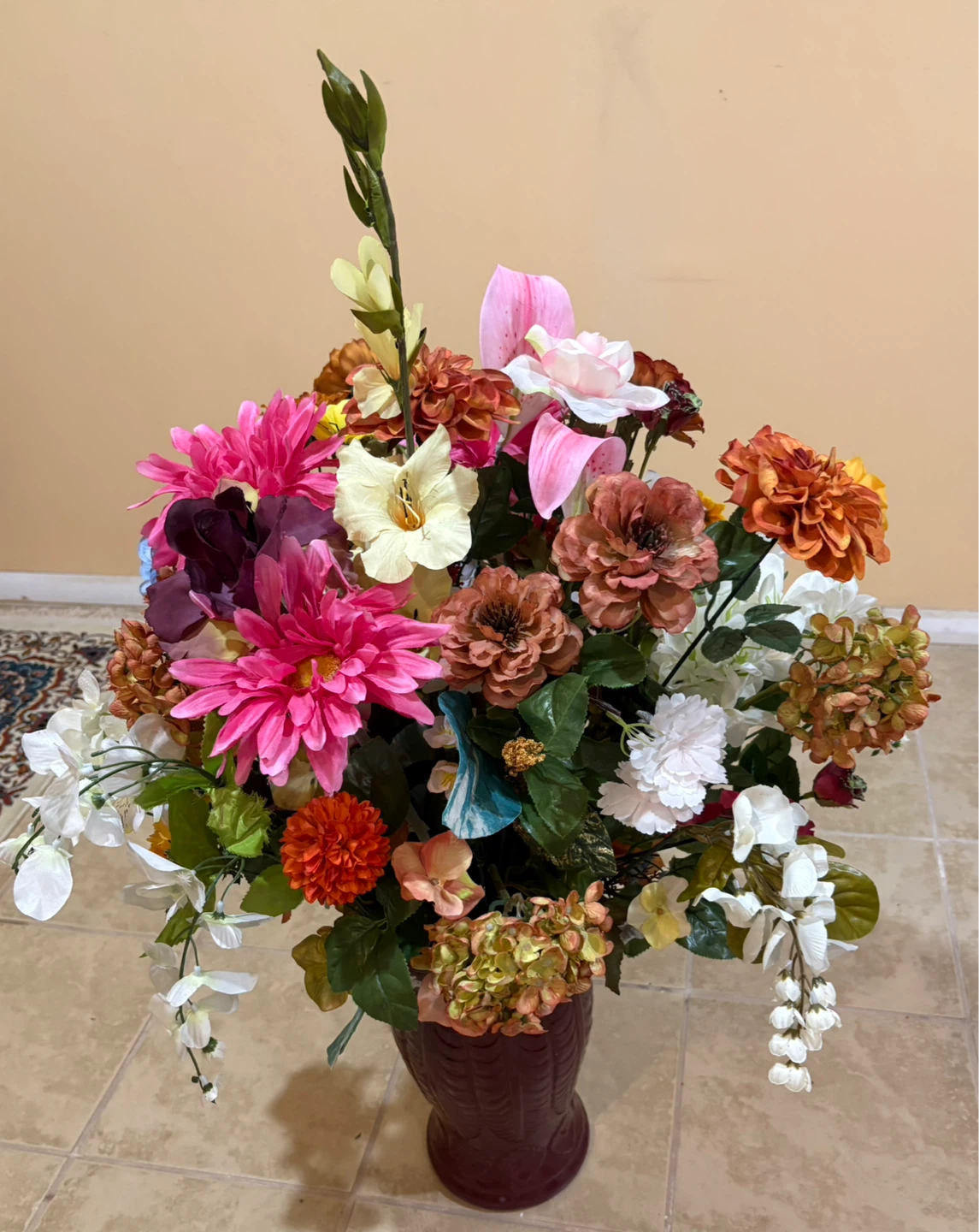 Elegant Decorative Flower Arrangement in Burgundy Vase - photo 4