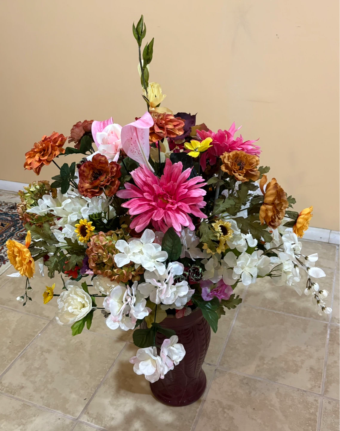 Elegant Decorative Flower Arrangement in Burgundy Vase - photo 2