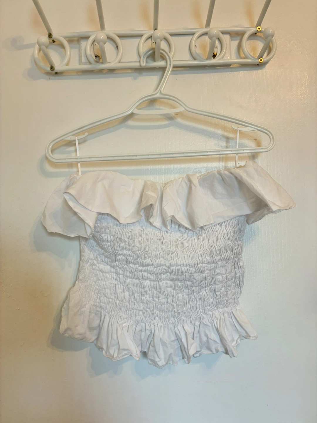 Zara White Smocked Off-the-Shoulder Ruffle Top