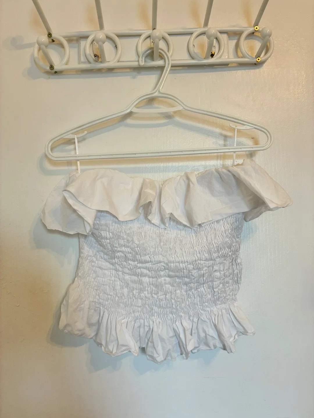 Zara White Smocked Off-the-Shoulder Ruffle Top