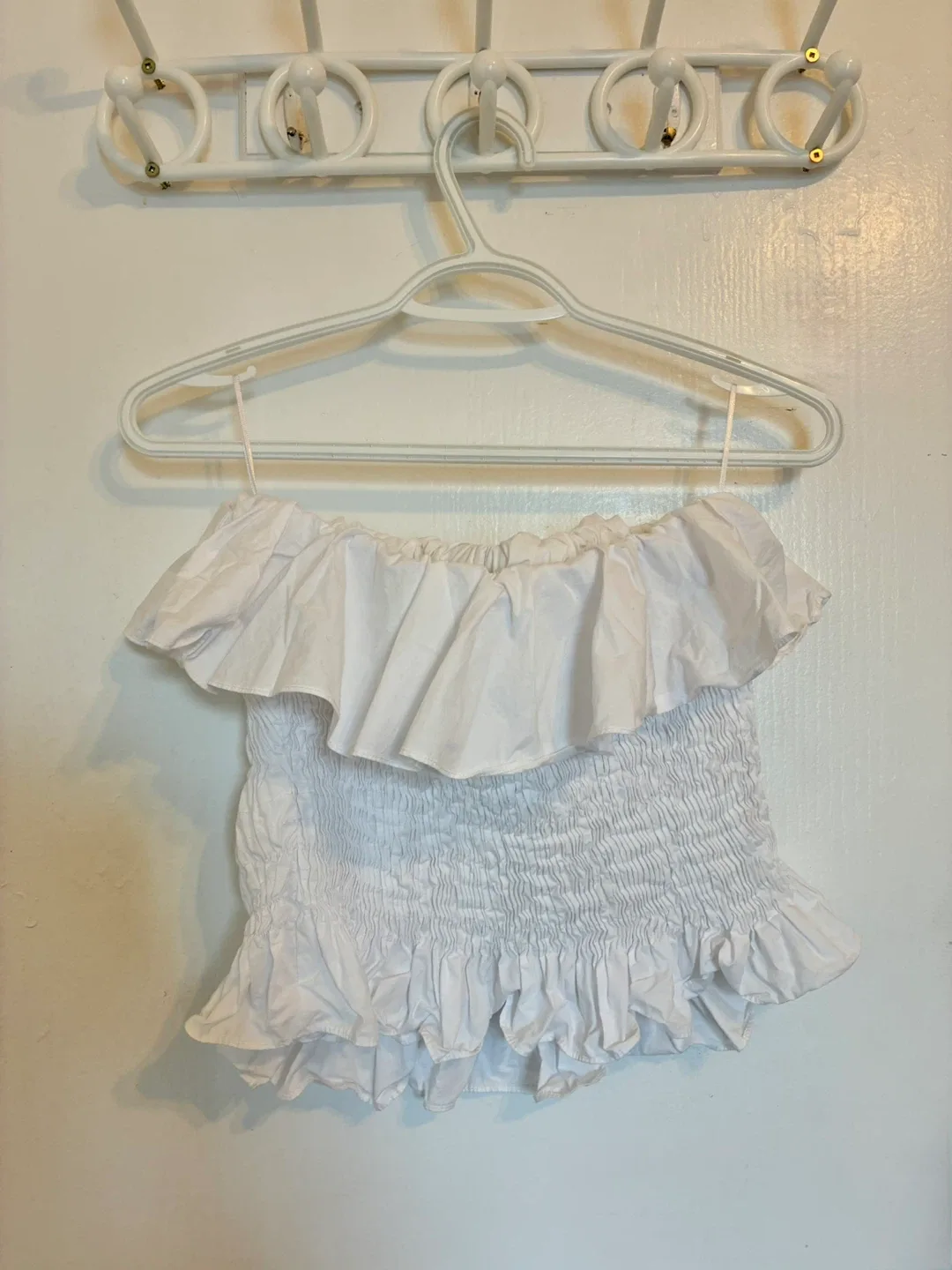 Zara White Smocked Off-the-Shoulder Ruffle Top - photo 2