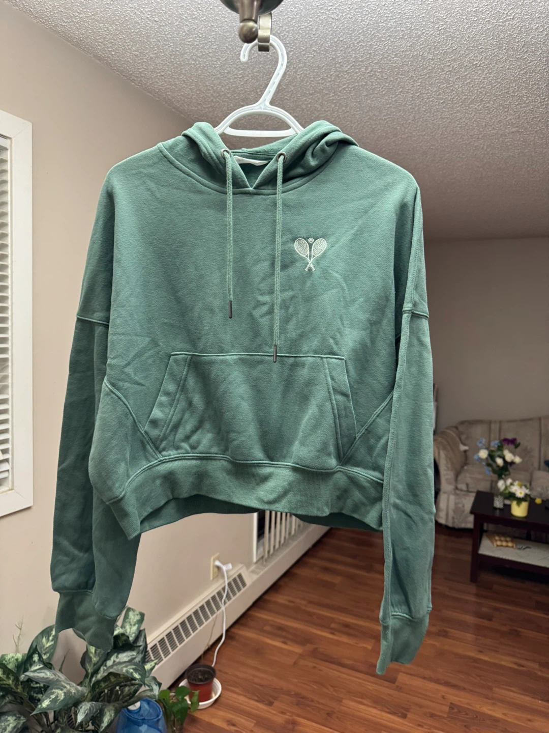 Green Cropped Hoodie with Tennis Rackets Graphic