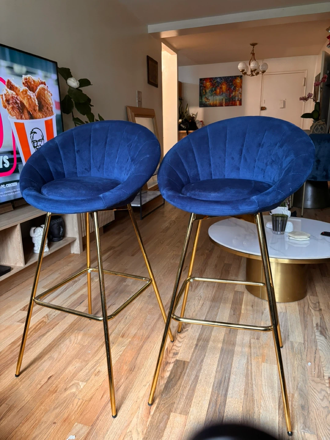 Set of 2 Blue Velvet Bar Stools with Gold Legs