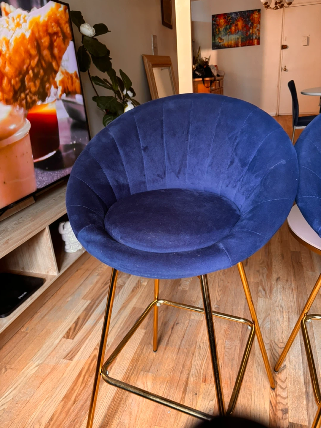 Set of 2 Blue Velvet Bar Stools with Gold Legs - photo 4