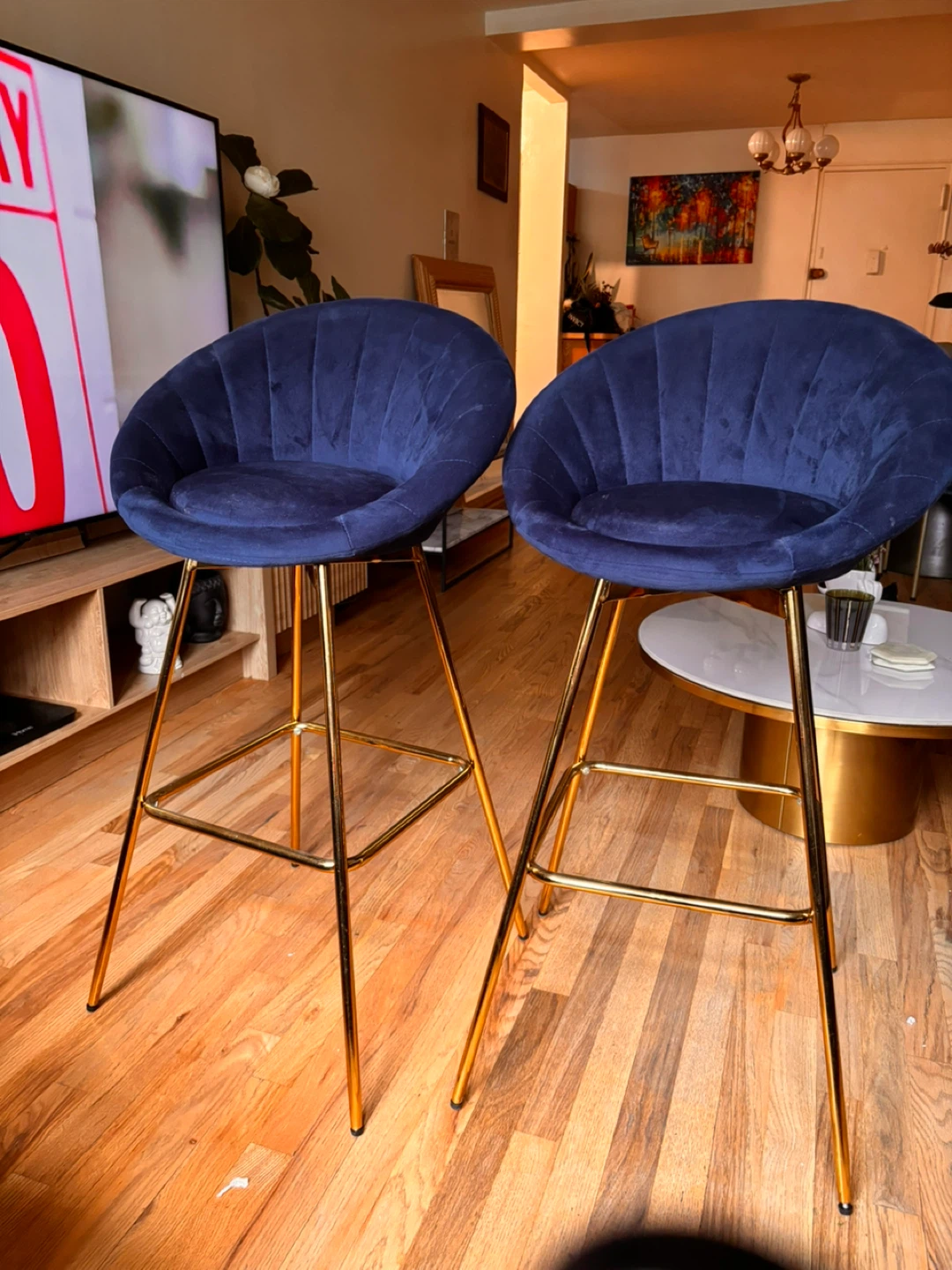 Set of 2 Blue Velvet Bar Stools with Gold Legs - photo 3